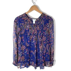 Sundance Indigo Blue Multi Paisley Diamond Smocked Peasant Top Sz XS Excellent!